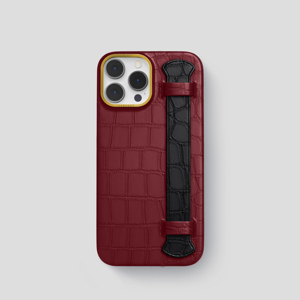 Burgundy-Black iPhone 13 Pro Strap Case Alligator with Gold Metal -1 | Burgundy-Black-Gold