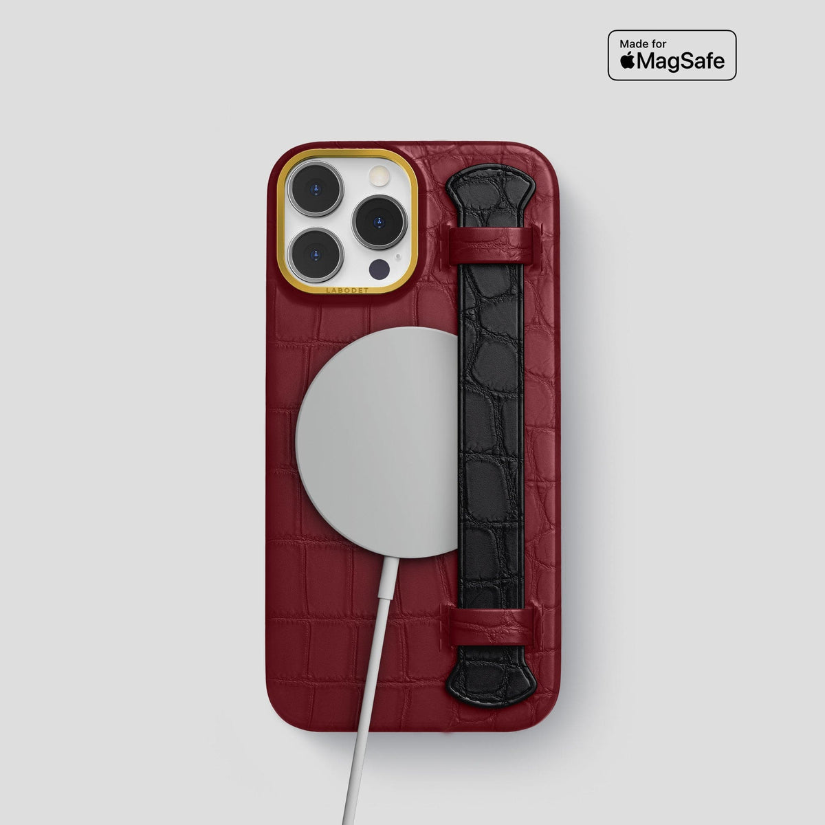 Burgundy-Black iPhone 13 Pro Strap Case Alligator with Gold Metal -4 | Burgundy-Black-Gold