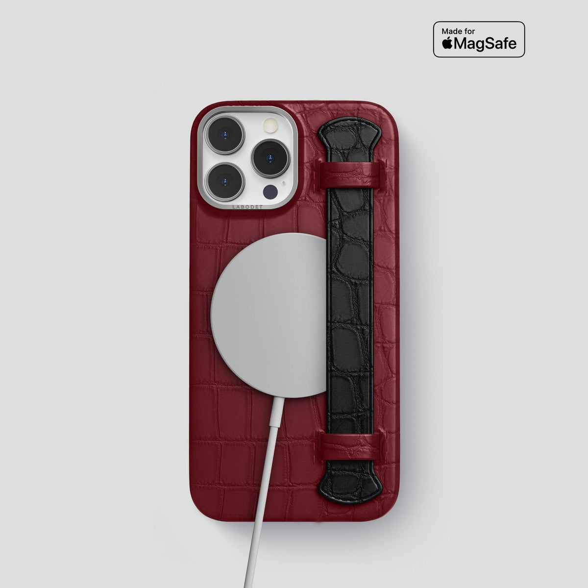 Burgundy-Black iPhone 13 Pro Strap Case Alligator with Steel Metal -4 | Burgundy-Black-Steel