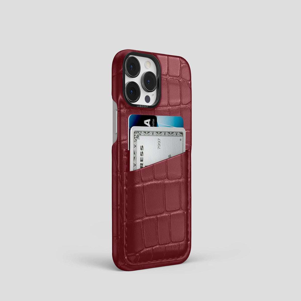 Burgundy iPhone 13 Pro Card Case Alligator with Black Metal -2 | Burgundy-Black