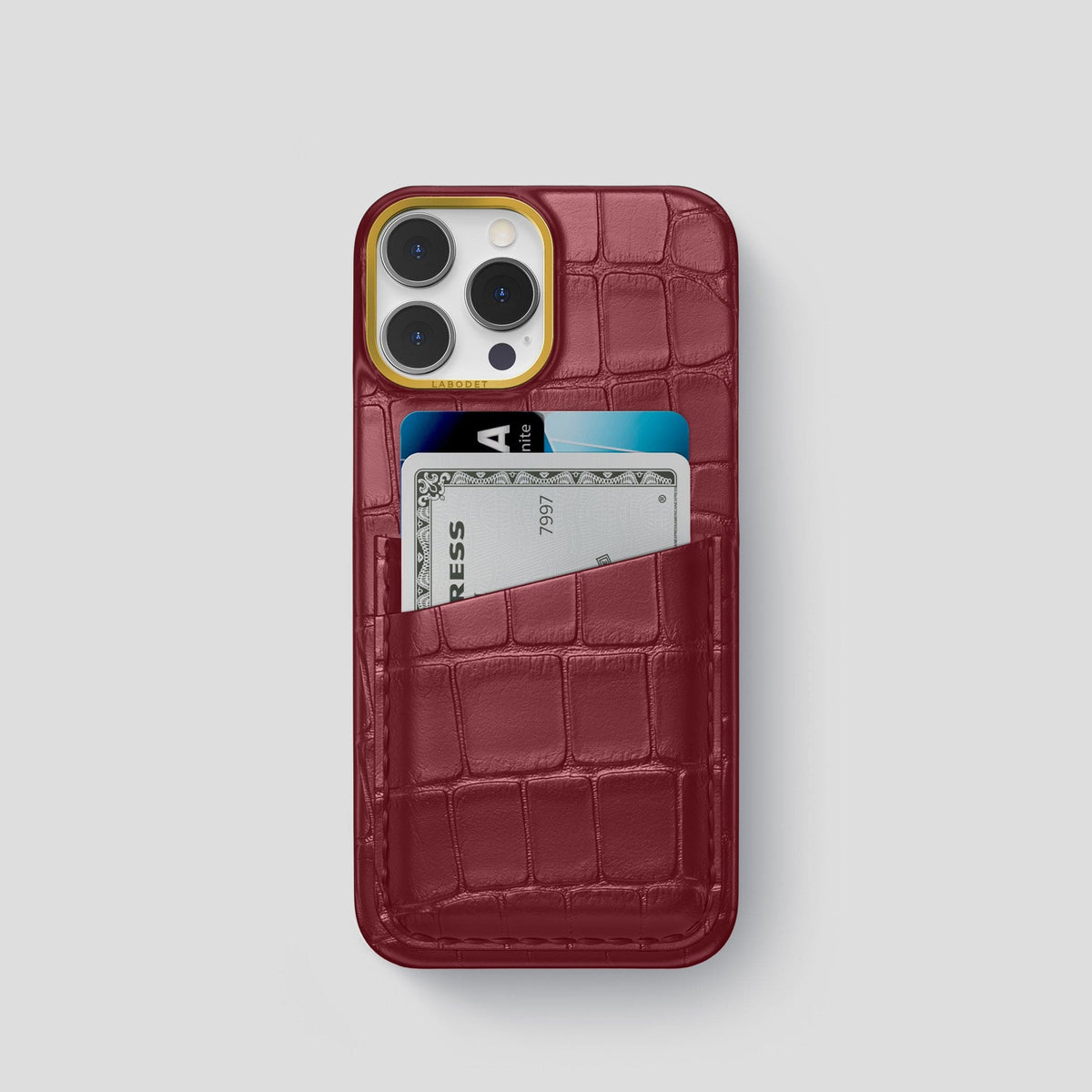 Burgundy iPhone 13 Pro Card Case Alligator with Gold Metal -1 | Burgundy-Gold