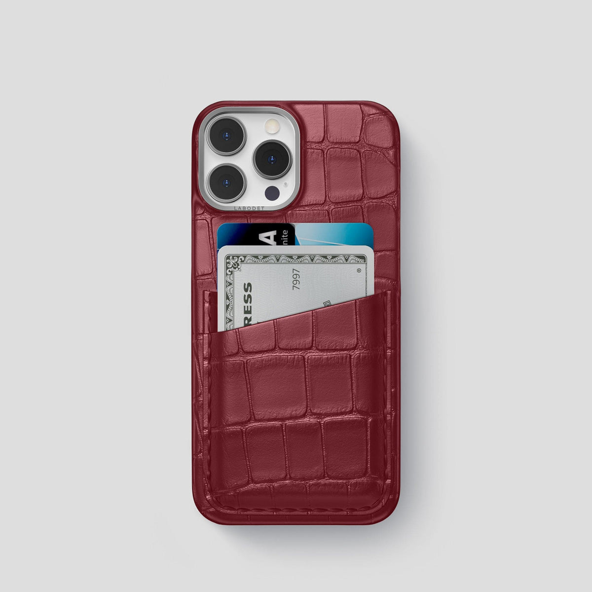 Burgundy iPhone 13 Pro Card Case Alligator with Steel Metal -1 | Burgundy-Steel