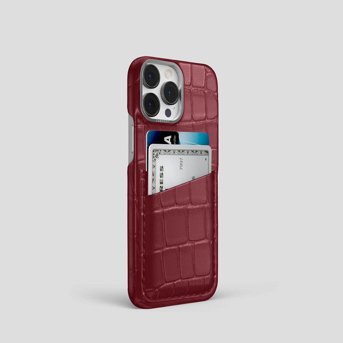 Burgundy iPhone 13 Pro Card Case Alligator with Steel Metal -2 | Burgundy-Steel