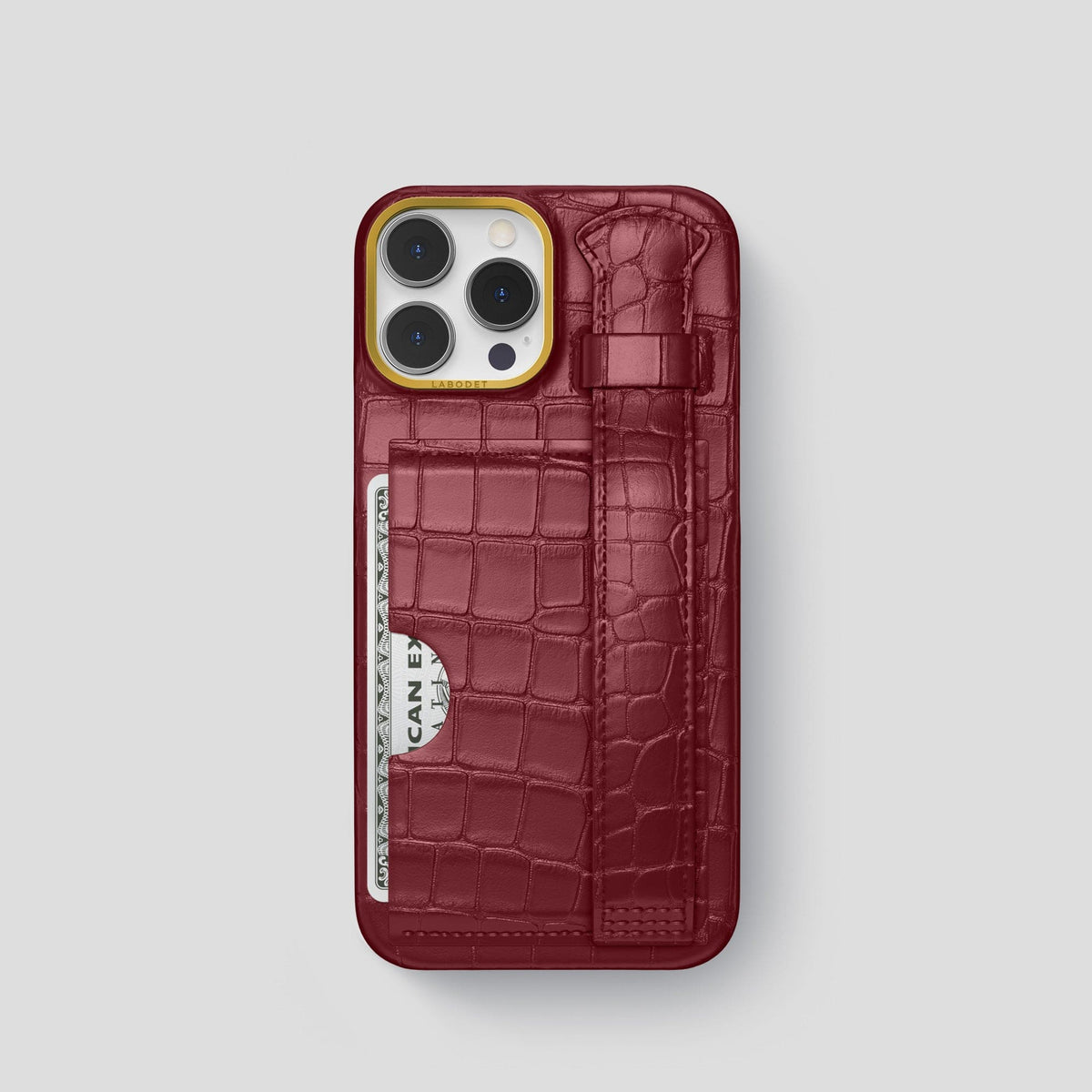 Burgundy iPhone 13 Pro Cardholder Strap Case Alligator with Gold Metal -1 | Burgundy-Gold