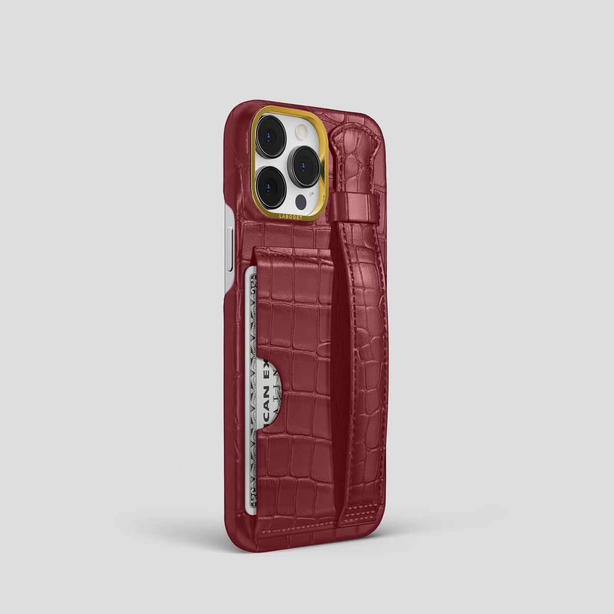 Burgundy iPhone 13 Pro Cardholder Strap Case Alligator with Gold Metal -2 | Burgundy-Gold
