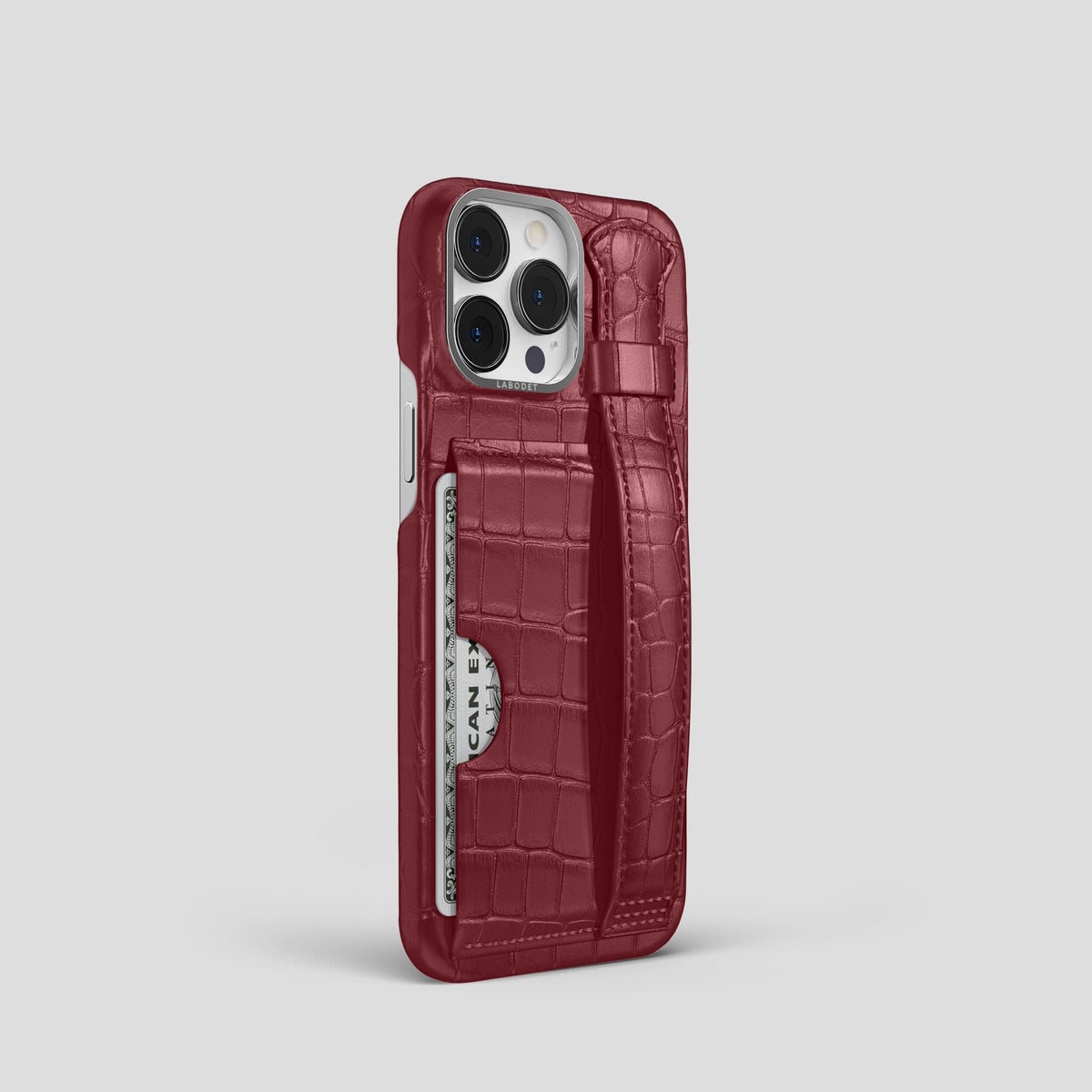 Burgundy iPhone 13 Pro Cardholder Strap Case Alligator with Steel Metal -2 | Burgundy-Steel