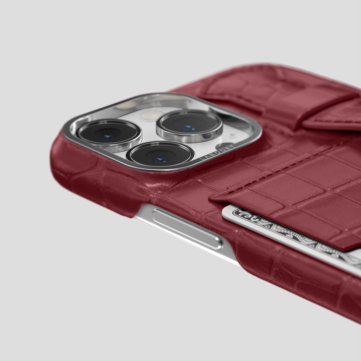 Burgundy iPhone 13 Pro Cardholder Strap Case Alligator with Steel Metal -5 | Burgundy-Steel