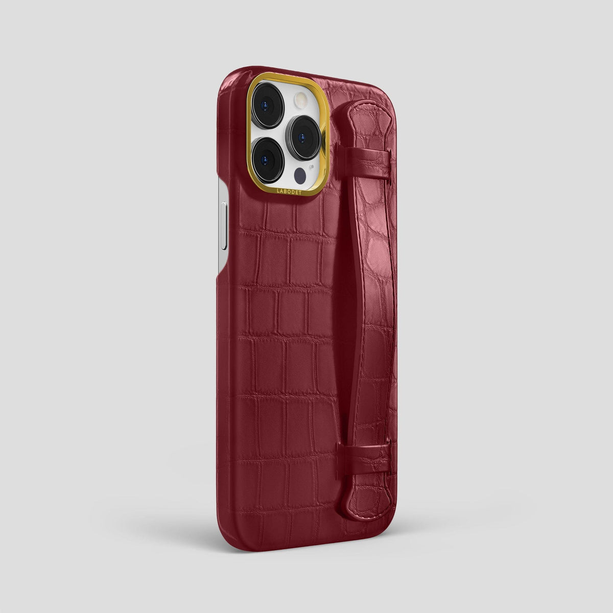 Burgundy iPhone 13 Pro Max Strap Case Alligator with Gold Metal -2 | Burgundy-Gold