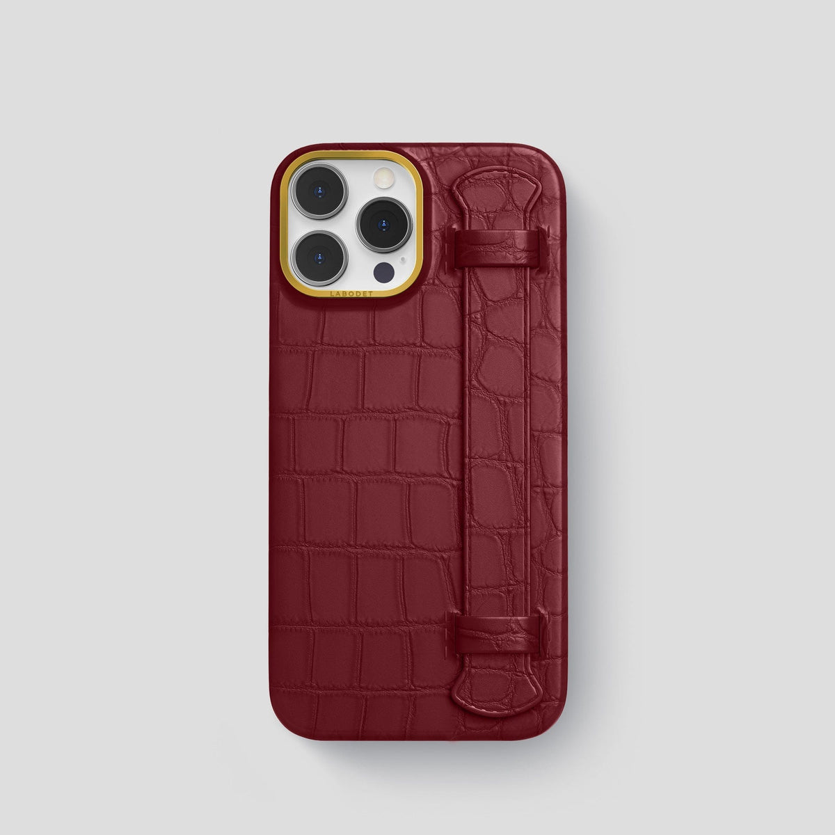 Burgundy iPhone 13 Pro Strap Case Alligator with Gold Metal -1 | Burgundy-Gold