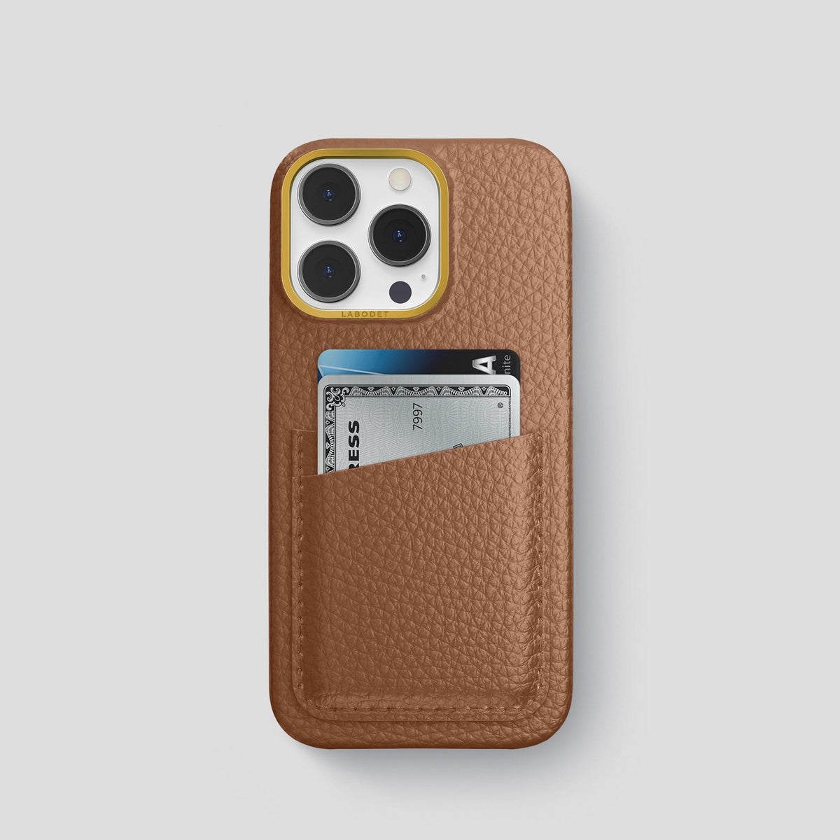 Caramel iPhone 13 Pro Card Case Calf with Gold Metal -1 | Caramel-Gold