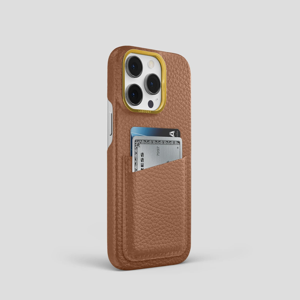 Caramel iPhone 13 Pro Card Case Calf with Gold Metal -2 | Caramel-Gold