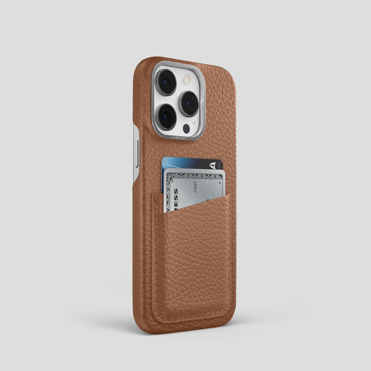 Caramel iPhone 13 Pro Card Case Calf with Steel Metal -2 | Caramel-Steel