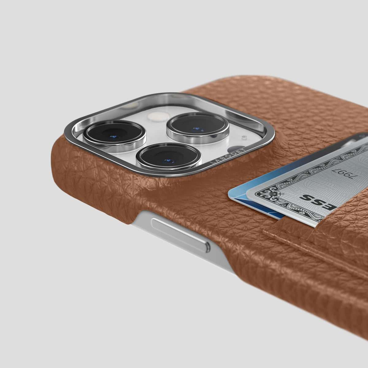 Caramel iPhone 13 Pro Card Case Calf with Steel Metal -5 | Caramel-Steel