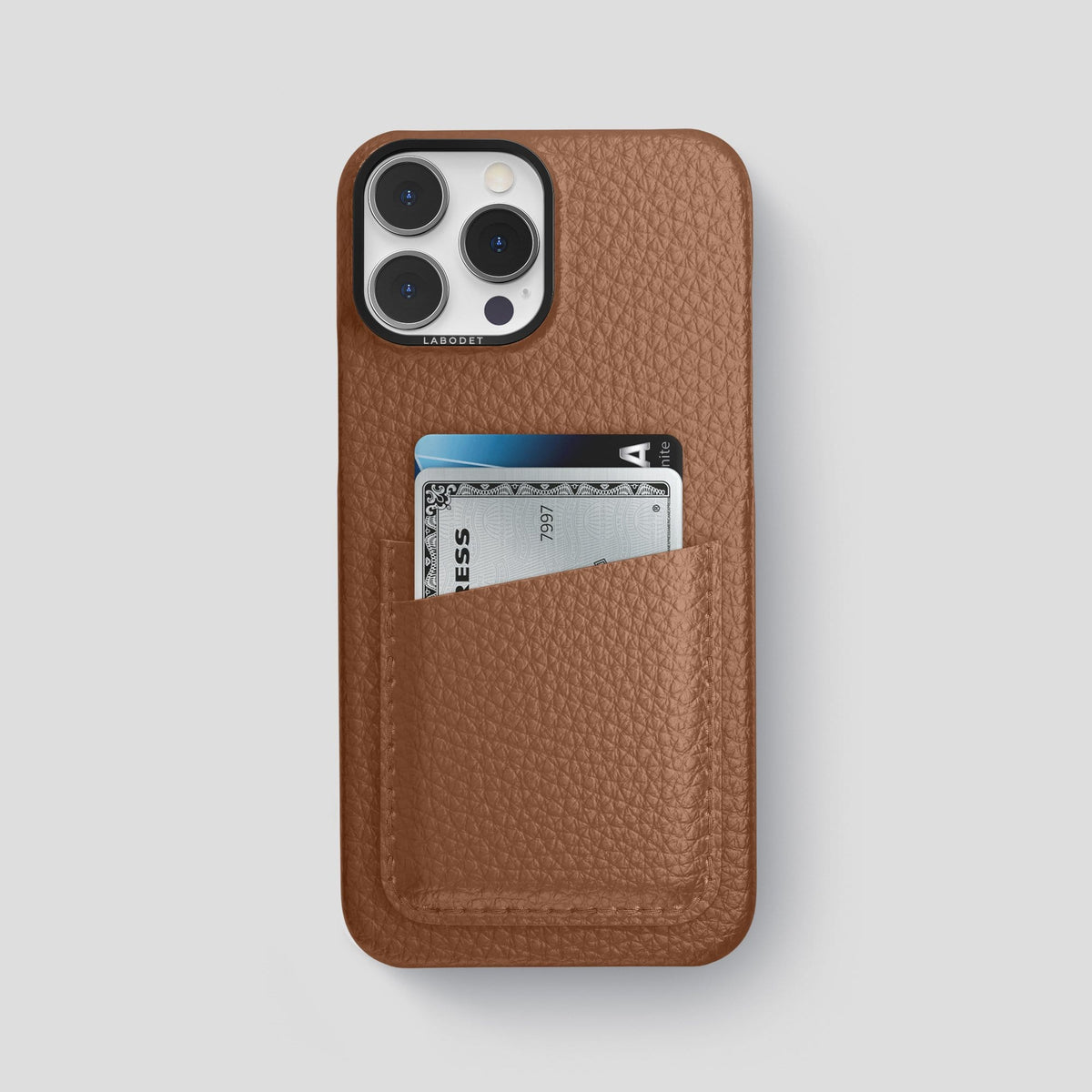 Caramel iPhone 13 Pro Max Card Case Calf with Black Metal -1 | Caramel-Black