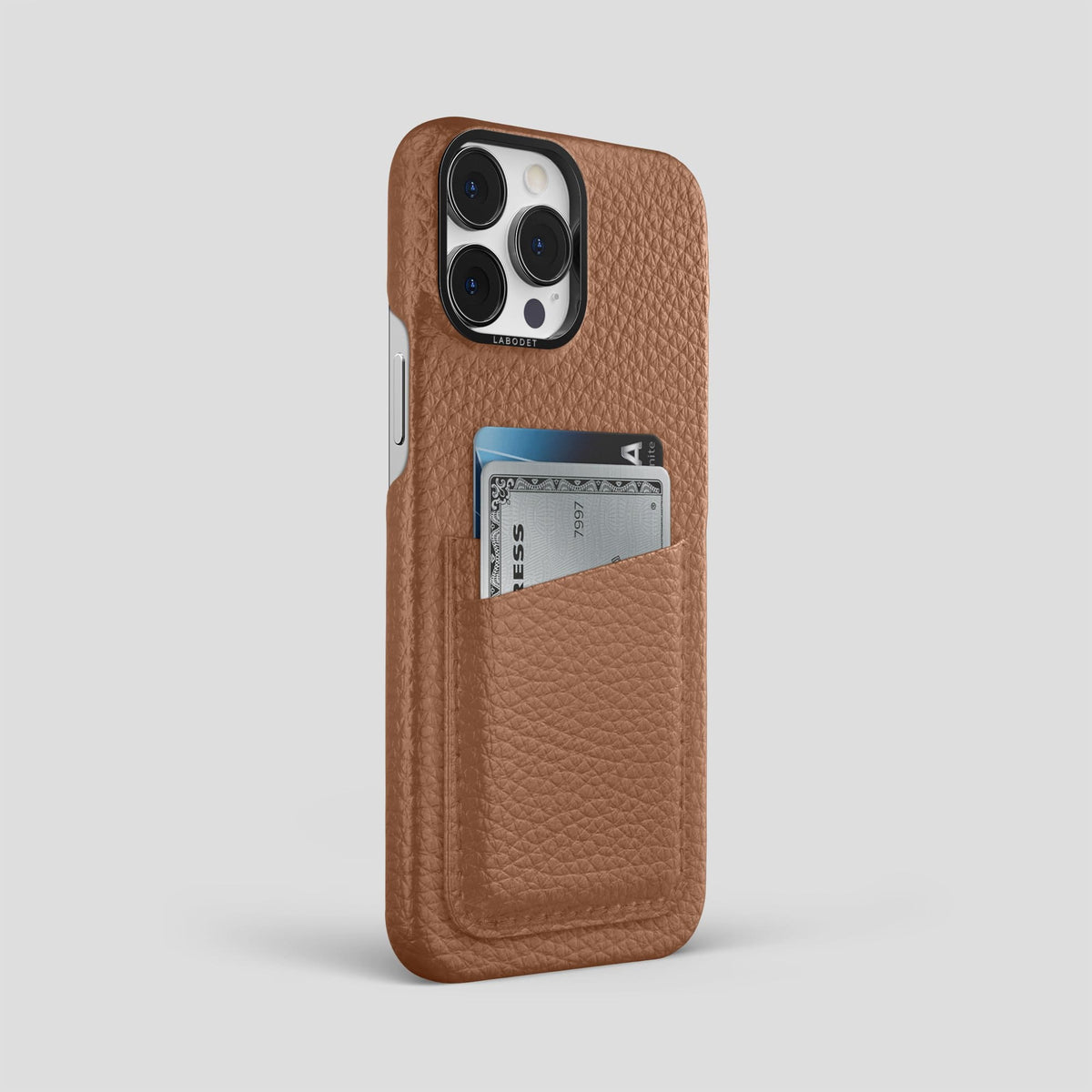 Caramel iPhone 13 Pro Max Card Case Calf with Black Metal -2 | Caramel-Black