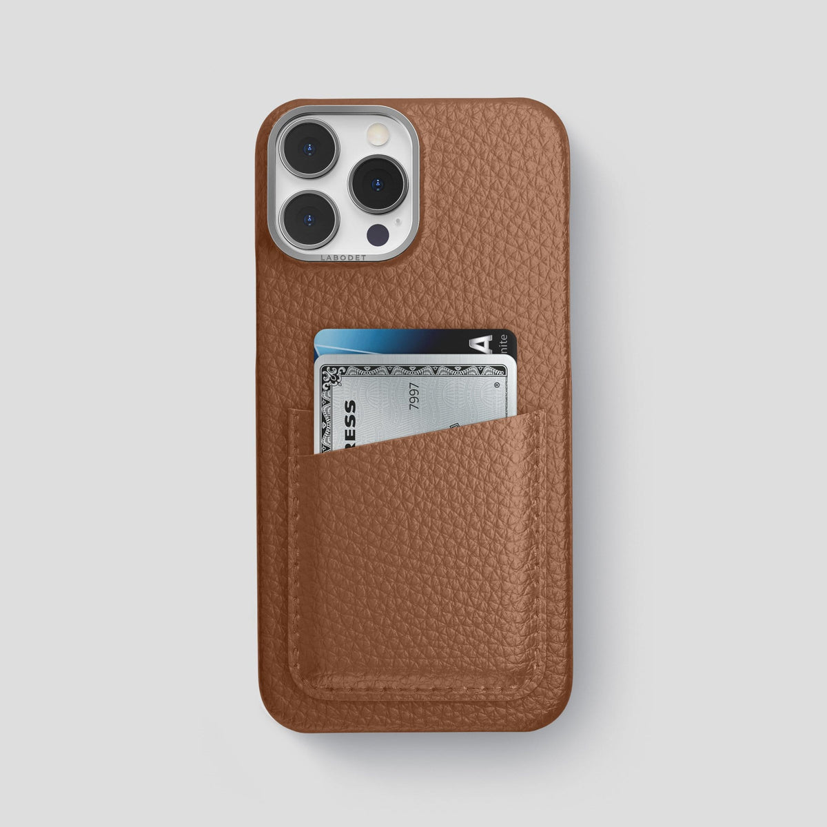 Caramel iPhone 13 Pro Max Card Case Calf with Steel Metal -1 | Caramel-Steel