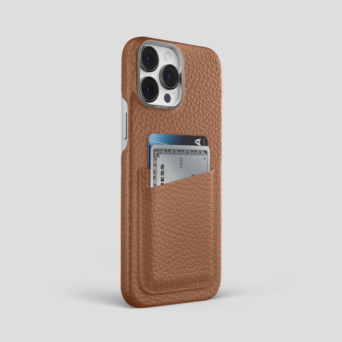 Caramel iPhone 13 Pro Max Card Case Calf with Steel Metal -2 | Caramel-Steel