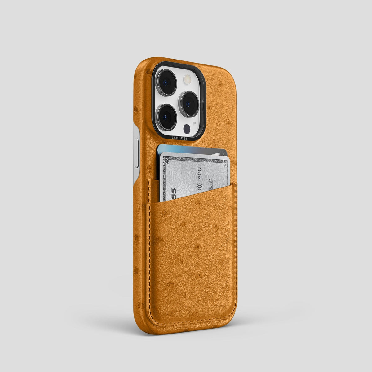 Chestnut iPhone 13 Pro Card Case Ostrich with Black Metal -2 | Chestnut-Black