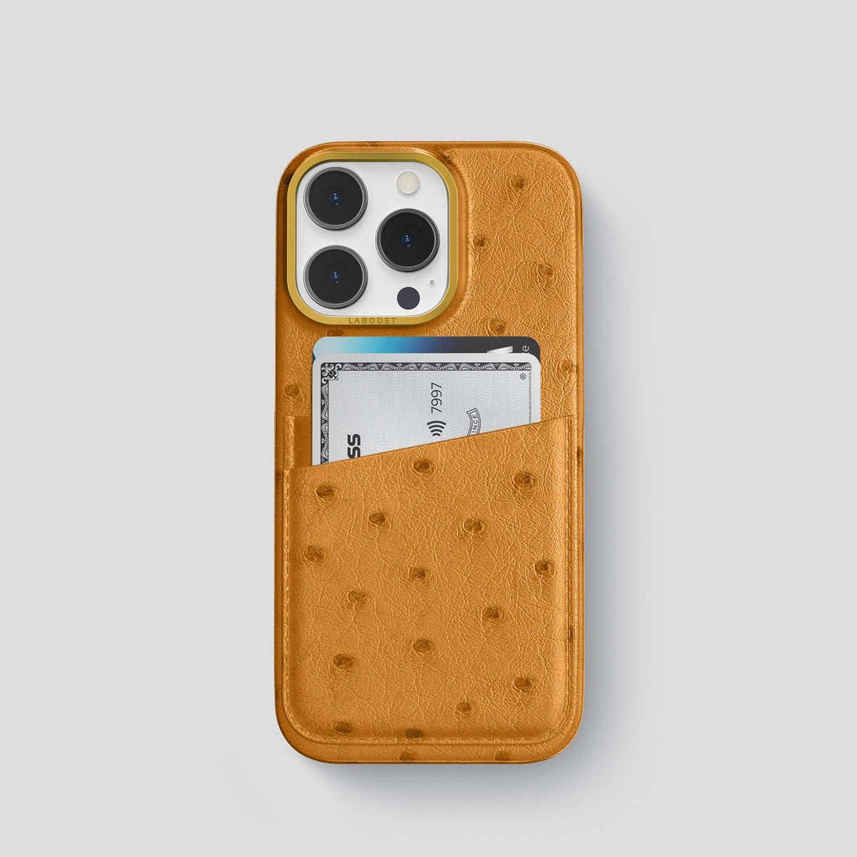 Chestnut iPhone 13 Pro Card Case Ostrich with Gold Metal -1 | Chestnut-Gold