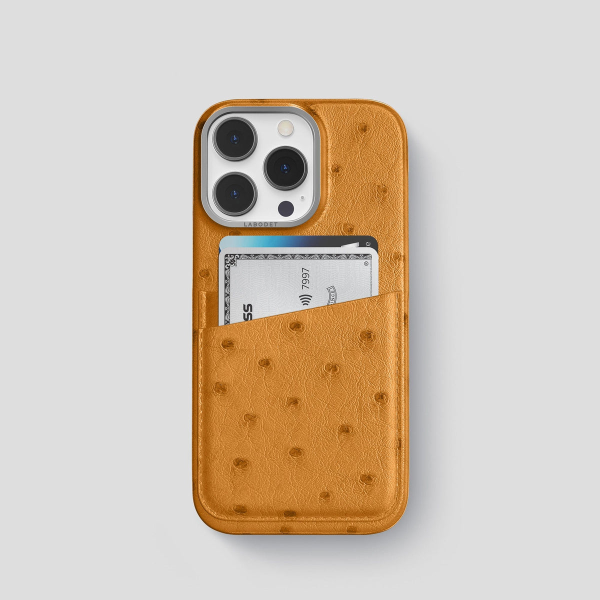 Chestnut iPhone 13 Pro Card Case Ostrich with Steel Metal -1 | Chestnut-Steel