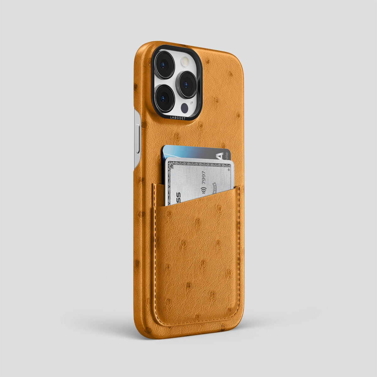 Chestnut iPhone 13 Pro Card Case Ostrich with Black Metal -2 | Chestnut-Black