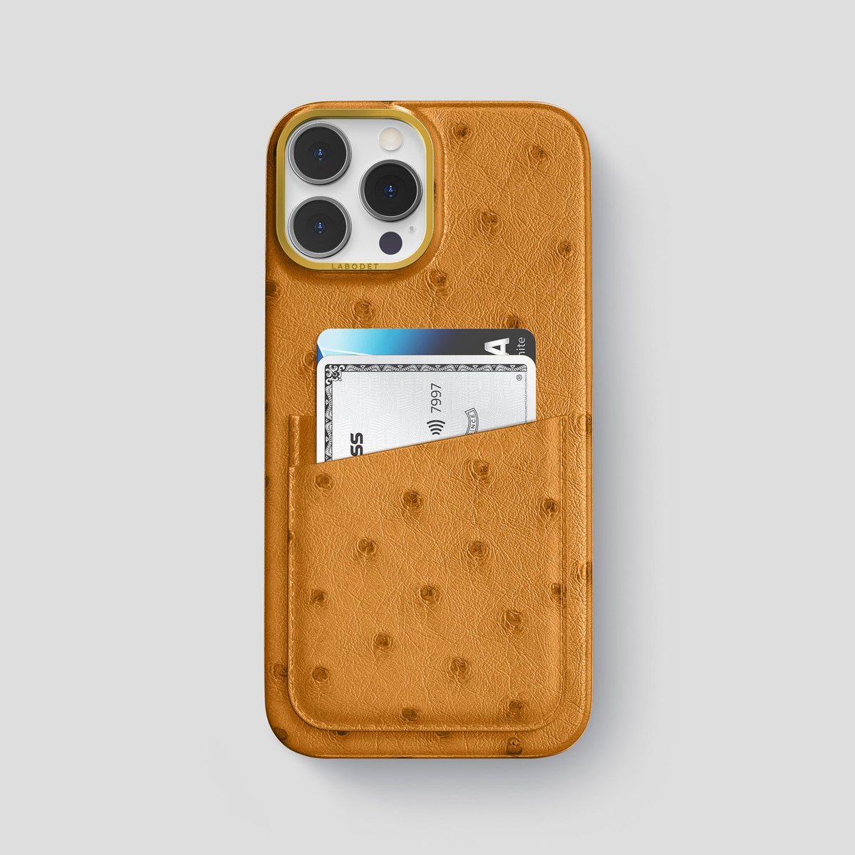 Chestnut iPhone 13 Pro Card Case Ostrich with Gold Metal -1 | Chestnut-Gold