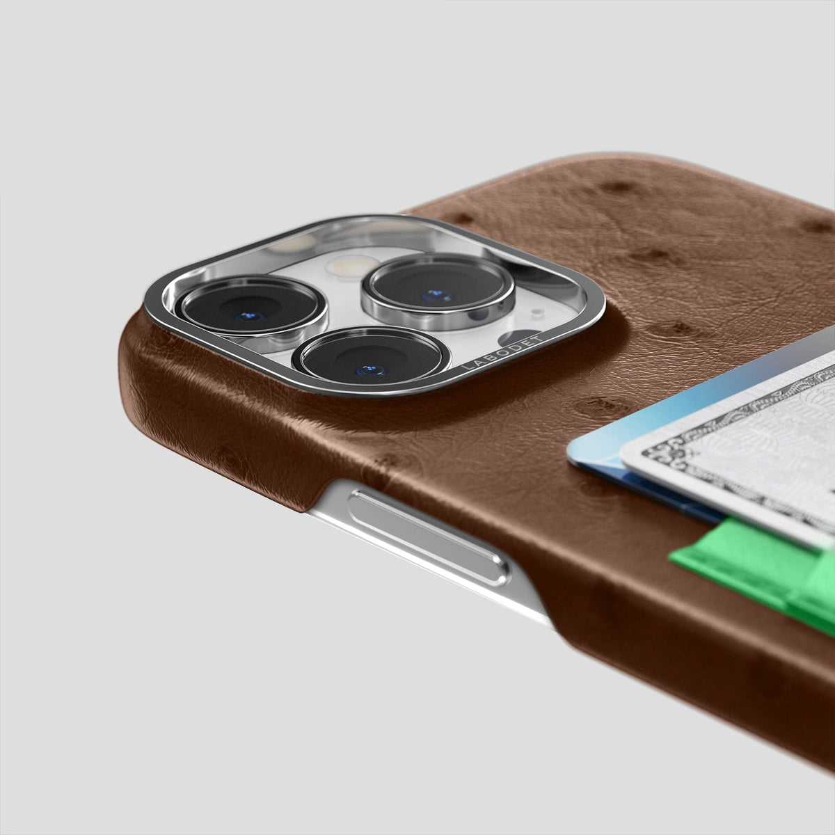 Chocolate-Kentucky-Green iPhone 13 Pro Card Case Colore Ostrich with Steel Metal -5 | Chocolate-Kentucky-Green-Steel