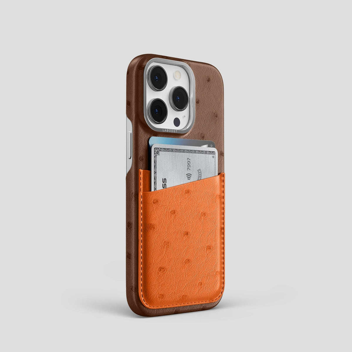 Chocolate-Medium-Brown iPhone 13 Pro Card Case Colore Ostrich with Steel Metal -2 | Chocolate-Medium-Brown-Steel