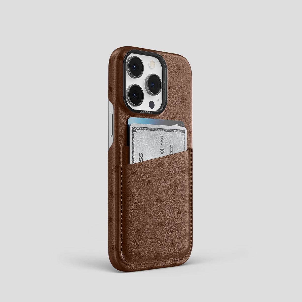 Chocolate iPhone 13 Pro Card Case Ostrich with Black Metal -2 | Chocolate-Black