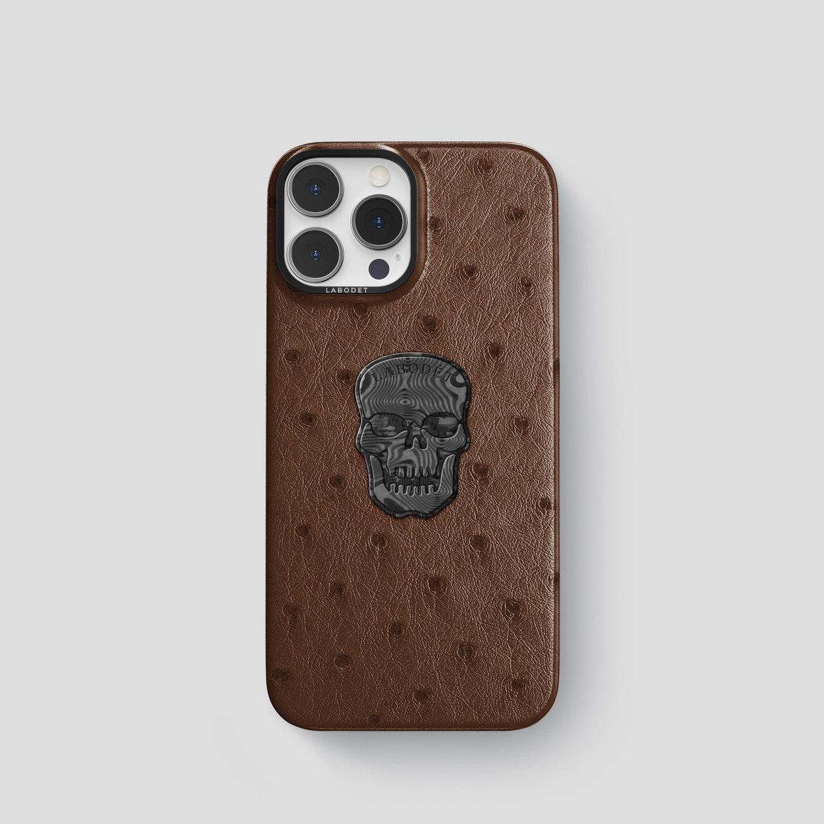 Chocolate iPhone 13 Pro Classic Case Ostrich with Black Metal -1 | Chocolate-Black