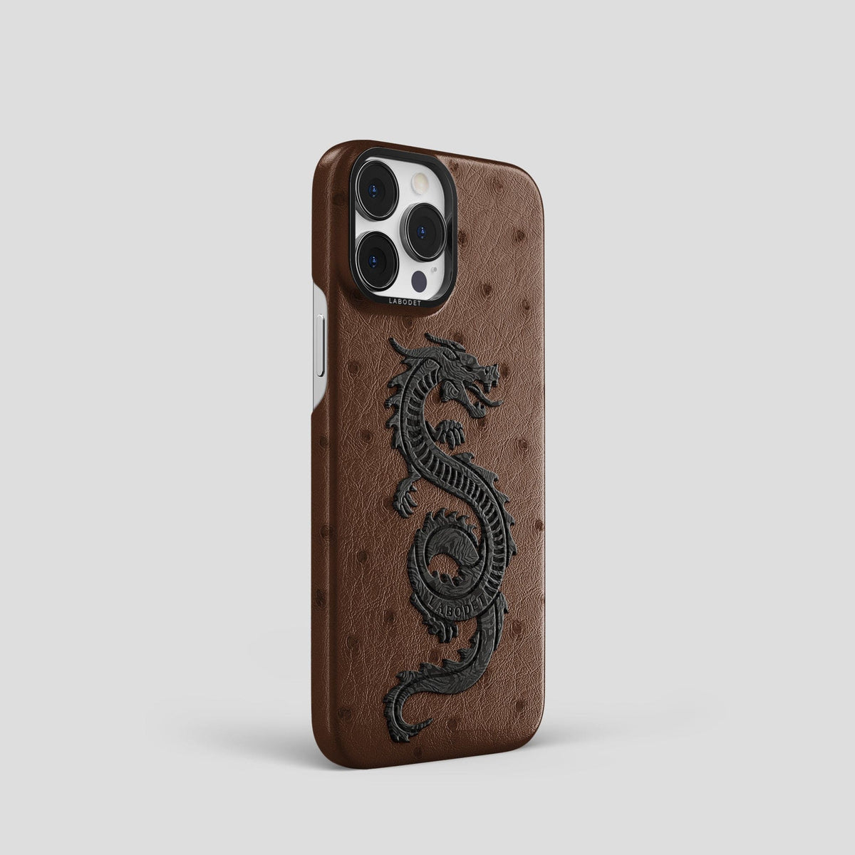 Chocolate iPhone 13 Pro Classic Case Ostrich with Black Metal -2 | Chocolate-Black