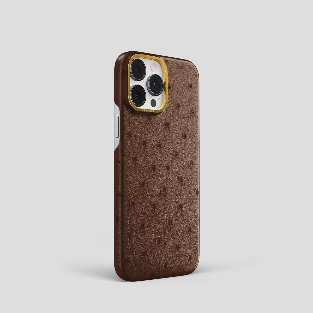 Chocolate iPhone 13 Pro Classic Case Ostrich with Gold Metal -2 | Chocolate-Gold