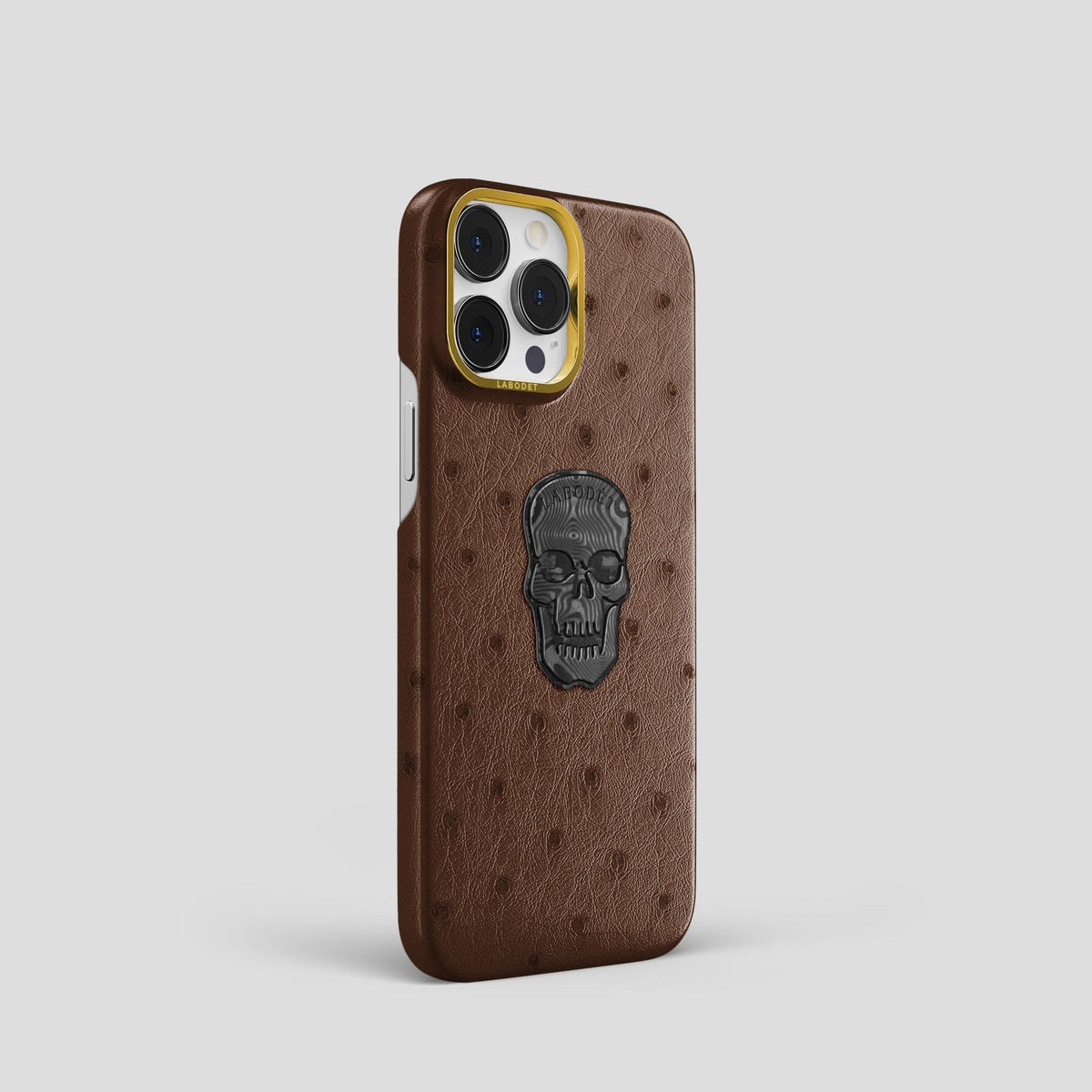 Chocolate iPhone 13 Pro Classic Case Ostrich with Gold Metal -2 | Chocolate-Gold