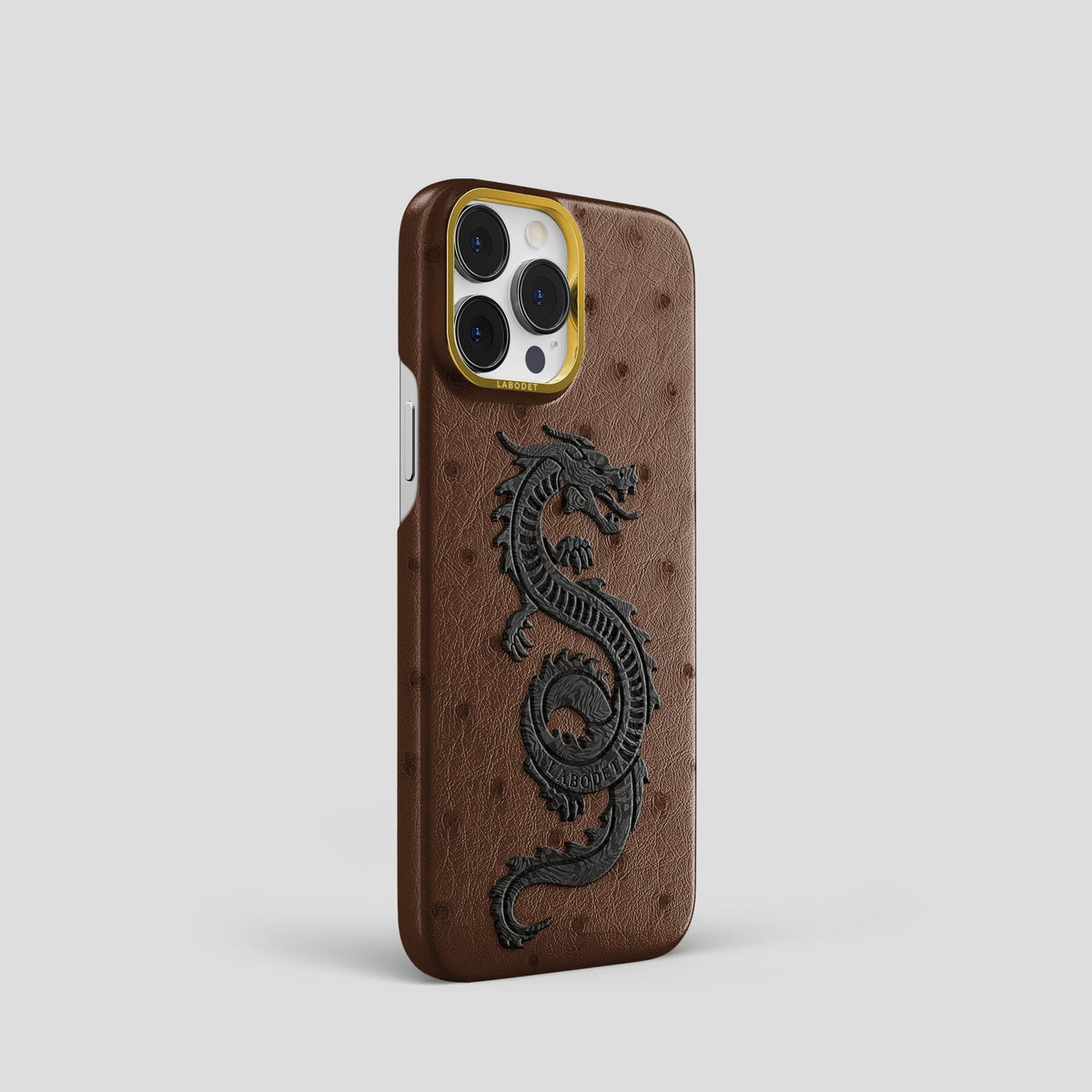 Chocolate iPhone 13 Pro Classic Case Ostrich with Gold Metal -2 | Chocolate-Gold