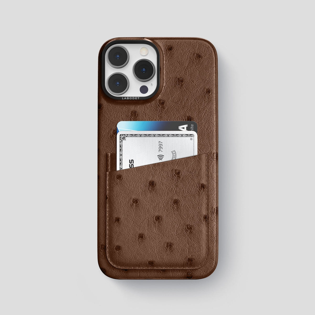 Chocolate iPhone 13 Pro Card Case Ostrich with Black Metal -1 | Chocolate-Black