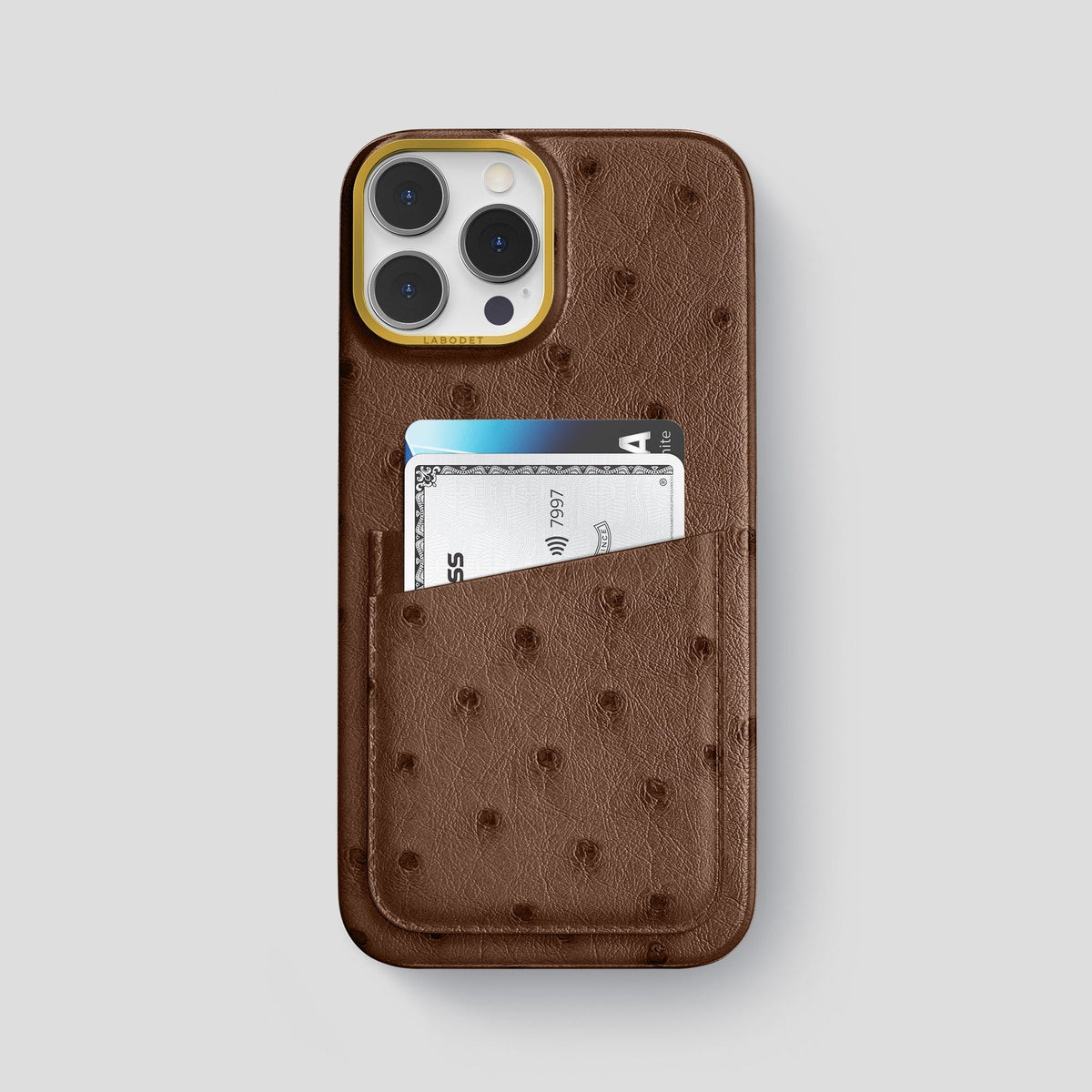 Chocolate iPhone 13 Pro Card Case Ostrich with Gold Metal -1 | Chocolate-Gold