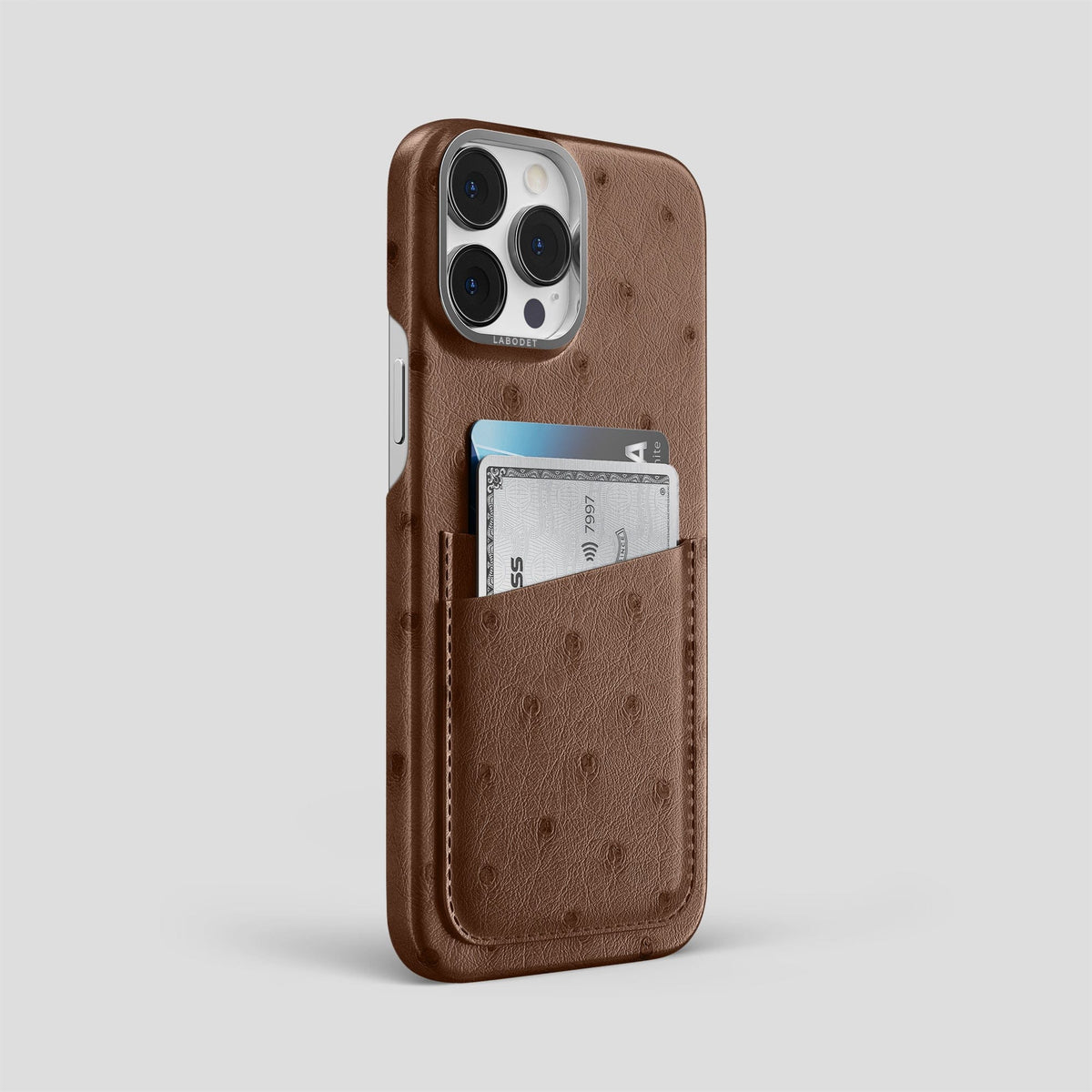 Chocolate iPhone 13 Pro Card Case Ostrich with Steel Metal -2 | Chocolate-Steel