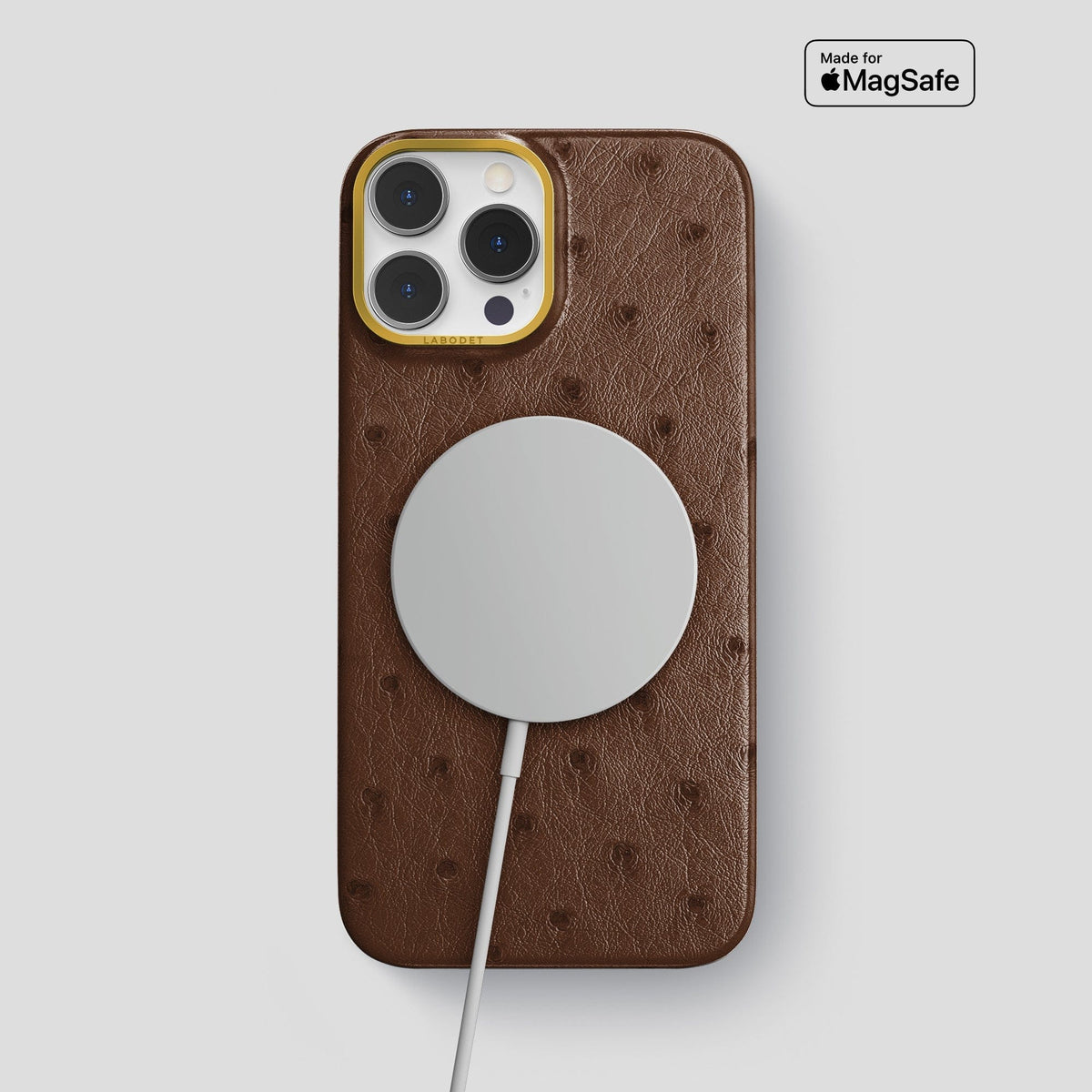 Chocolate iPhone 13 Pro Max Classic Case Ostrich with Gold Metal -5 | Chocolate-Gold
