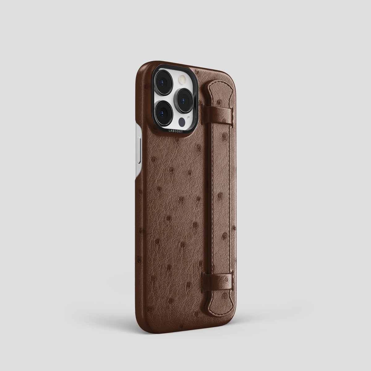 Chocolate iPhone 13 Pro Handle Case Ostrich with Black Metal -2 | Chocolate-Black