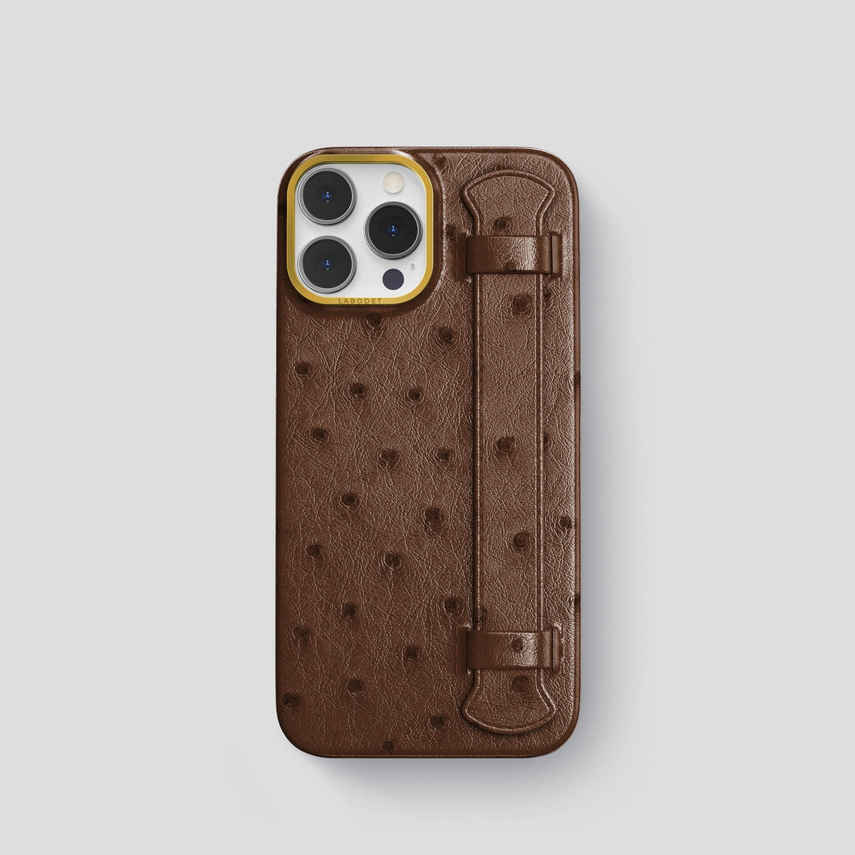 Chocolate iPhone 13 Pro Handle Case Ostrich with Gold Metal -1 | Chocolate-Gold