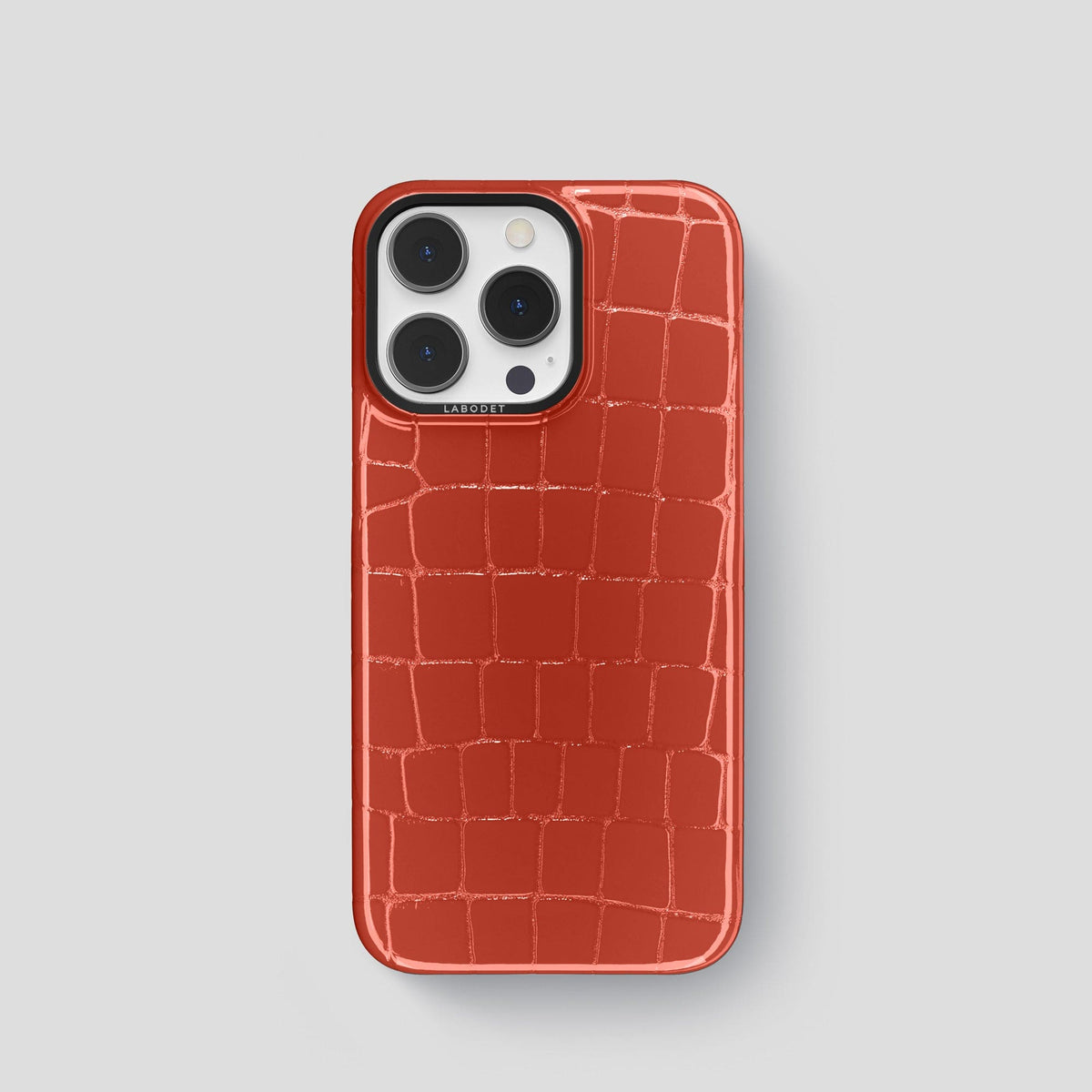 Coral Orange iPhone 13 Pro Case Shiny Alligator with Black Metal -1 | Coral-Orange-Black