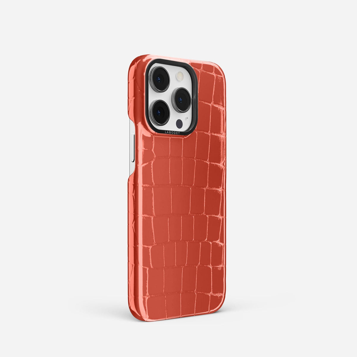 Coral Orange iPhone 13 Pro Case Shiny Alligator with Black Metal -2 | Coral-Orange-Black