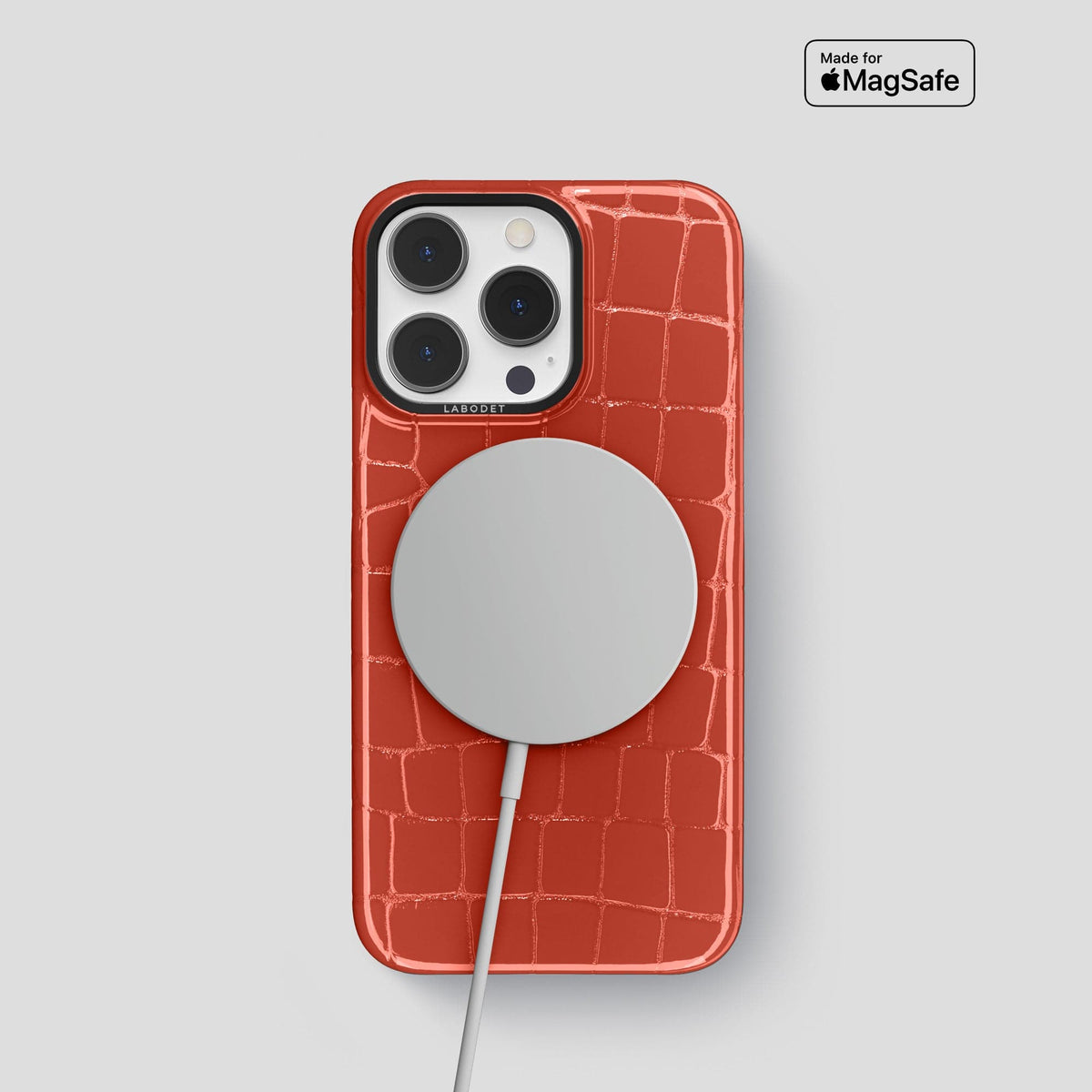 Coral Orange iPhone 13 Pro Case Shiny Alligator with Black Metal -5 | Coral-Orange-Black