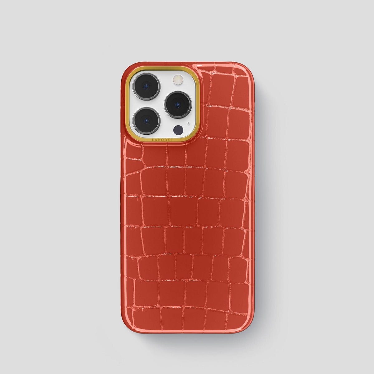 Coral Orange iPhone 13 Pro Case Shiny Alligator with Gold Metal -1 | Coral-Orange-Gold