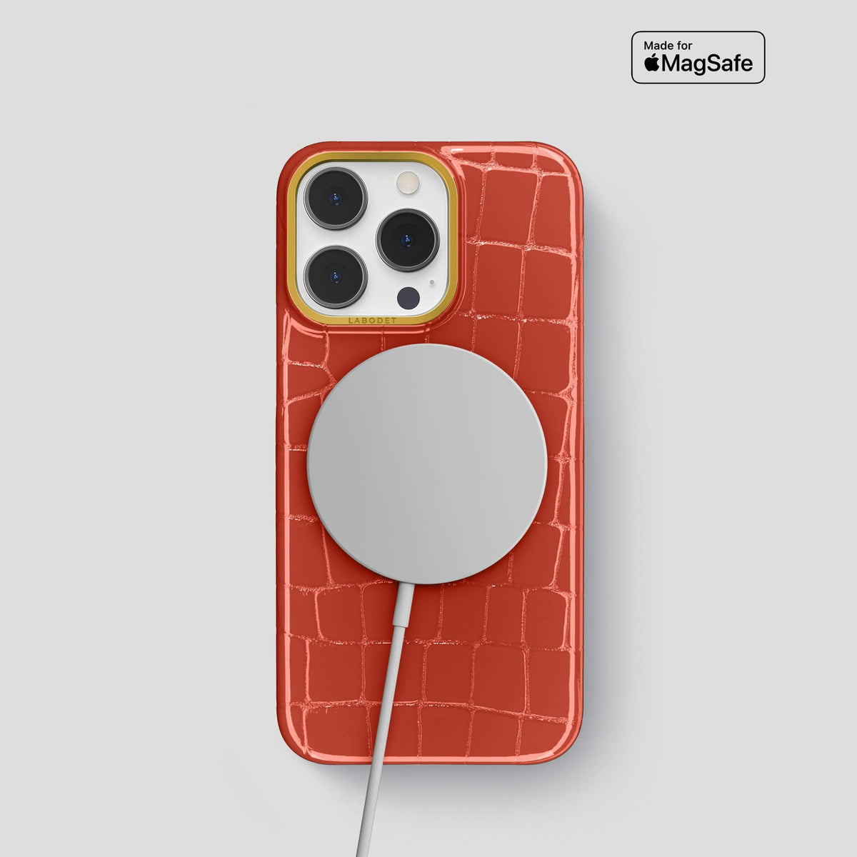 Coral Orange iPhone 13 Pro Case Shiny Alligator with Gold Metal -5 | Coral-Orange-Gold