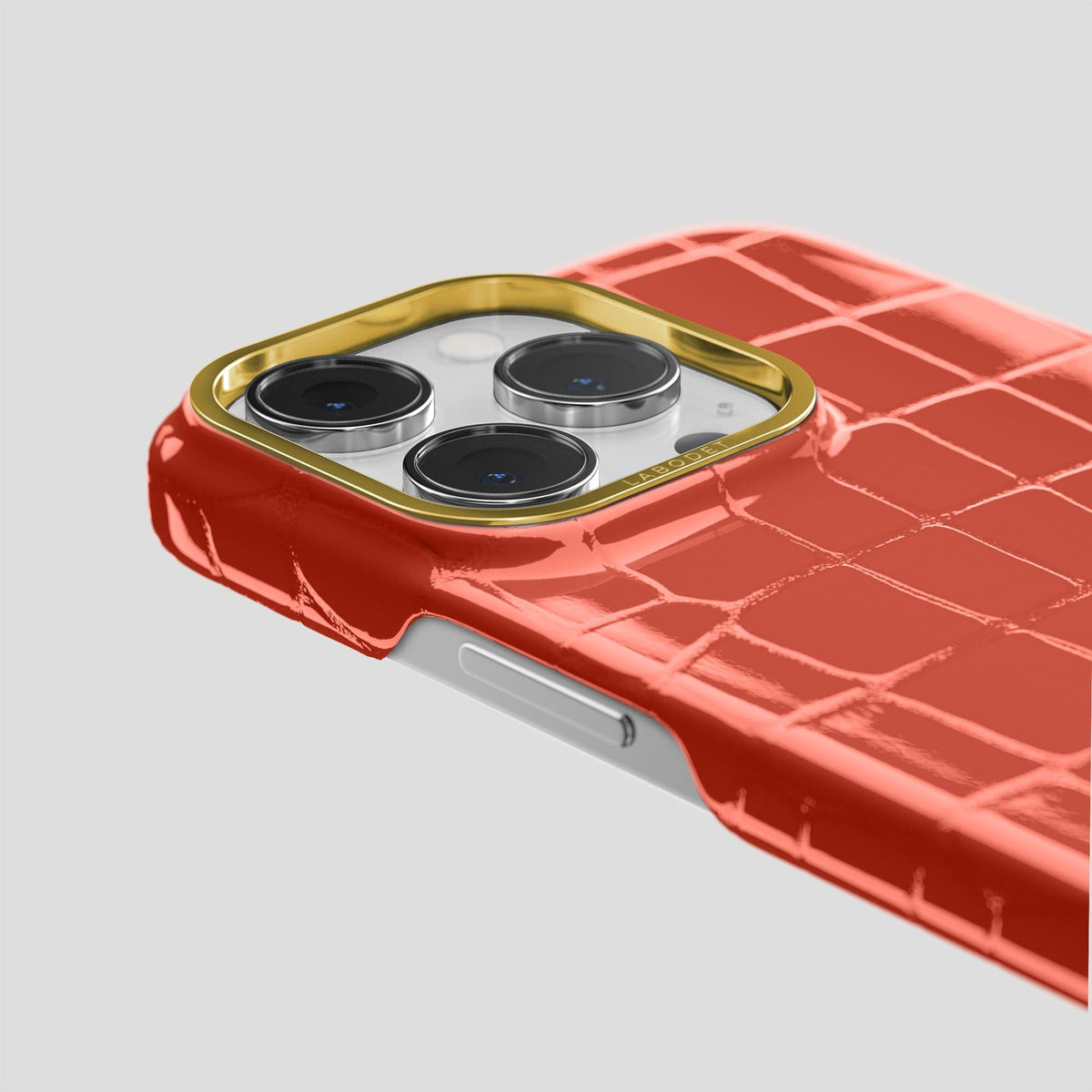 Coral Orange iPhone 13 Pro Case Shiny Alligator with Gold Metal -6 | Coral-Orange-Gold