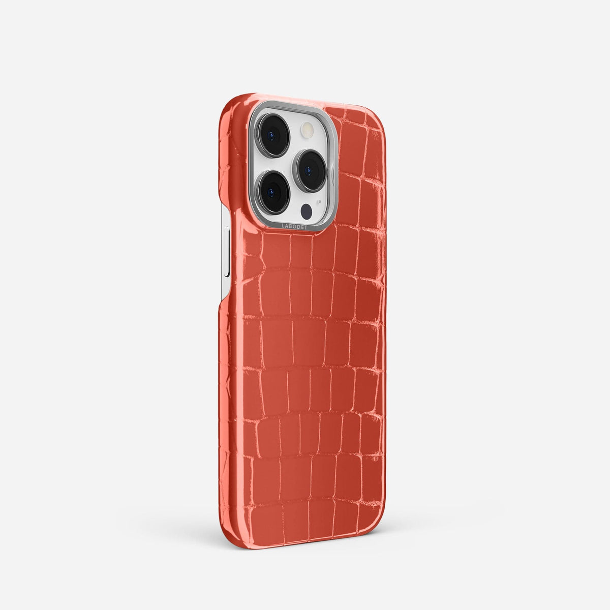 Coral Orange iPhone 13 Pro Case Shiny Alligator with Steel Metal -2 | Coral-Orange-Steel