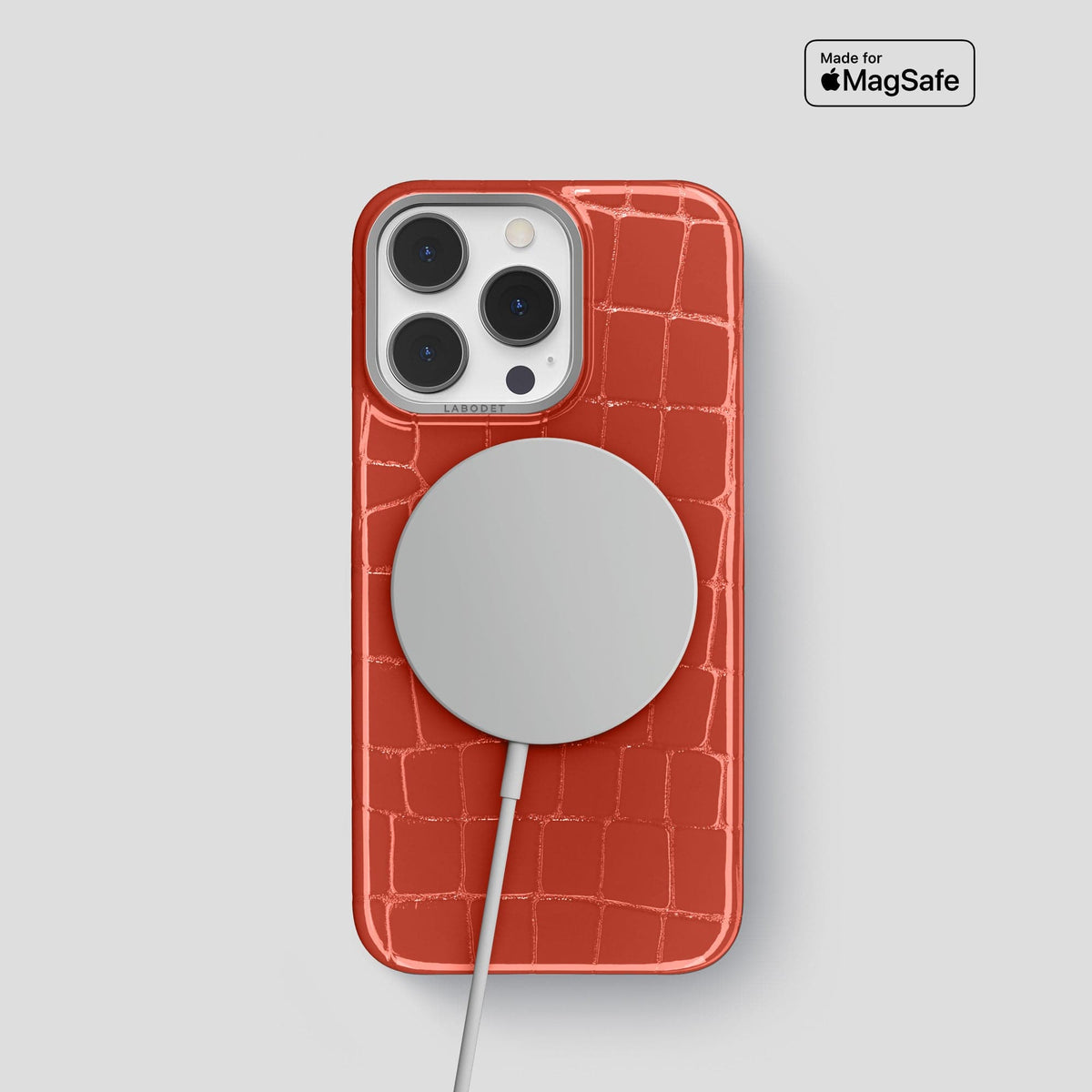 Coral Orange iPhone 13 Pro Case Shiny Alligator with Steel Metal -5 | Coral-Orange-Steel