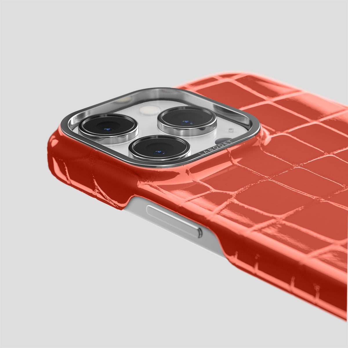 Coral Orange iPhone 13 Pro Case Shiny Alligator with Steel Metal -6 | Coral-Orange-Steel
