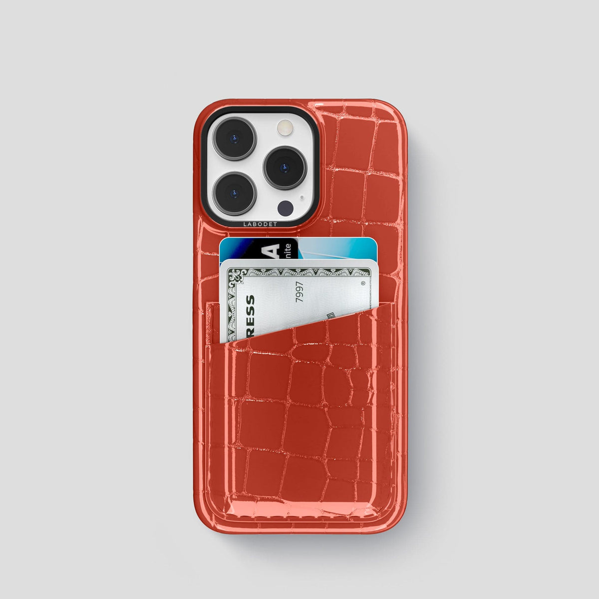 Coral Orange iPhone 13 Pro Double Card Case Shiny Alligator with Black Metal -1 | Coral-Orange-Black